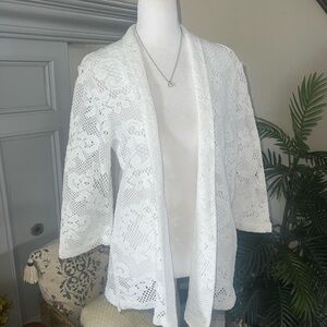 Beautiful Vintage Open Knit Lightweight White Lace Open-Front Cardigan L